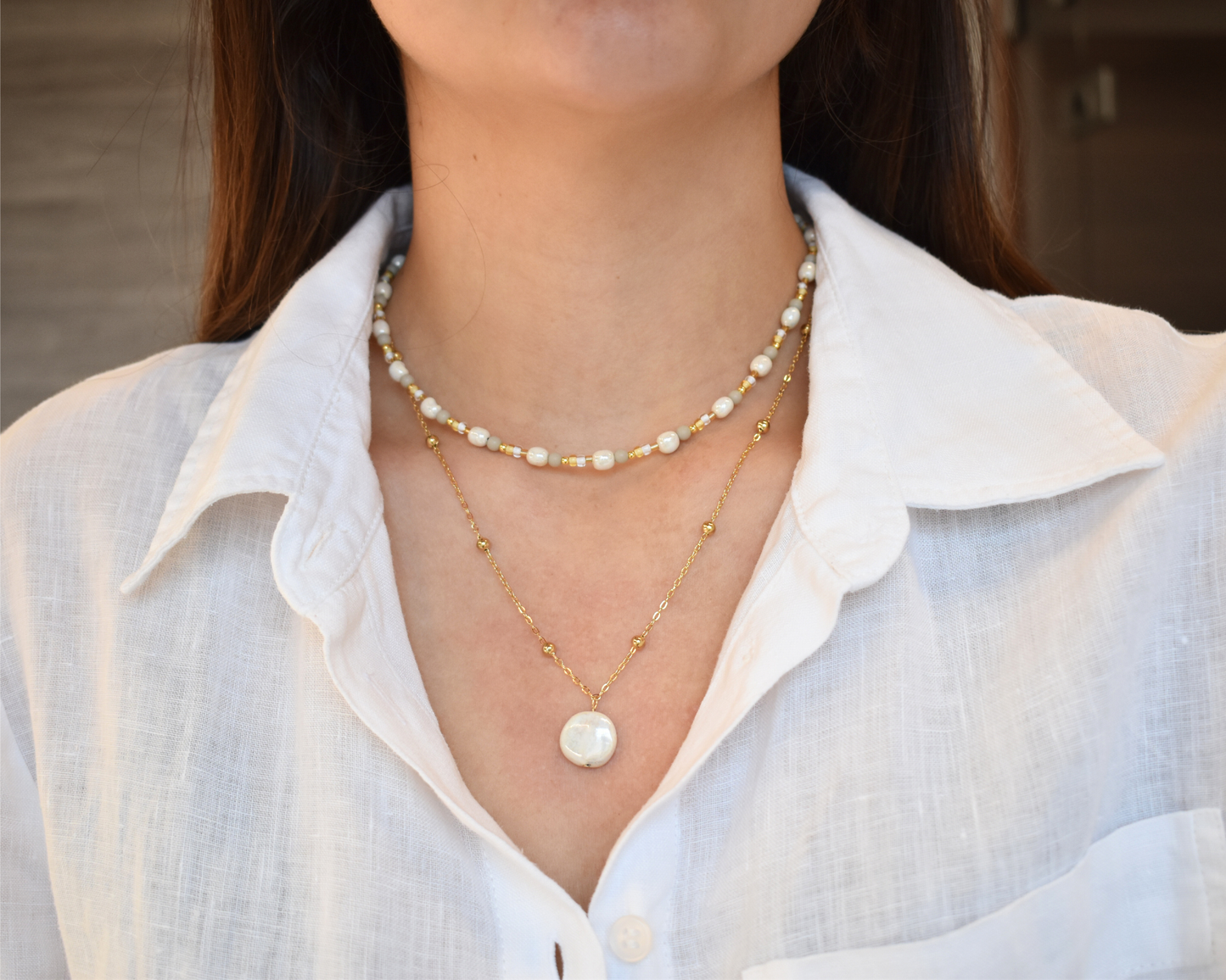 Halskette Soléa mit veganen Perlen – nachhaltiger Schmuck aus Edelstahl.